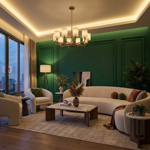 Living room decorated by AI with a curved sofa, green panelled wall and warm lighting