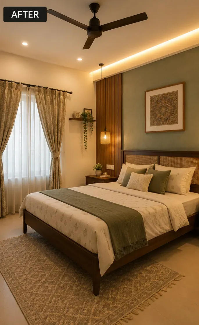 Bedroom with new wall paint colours visualised by AI