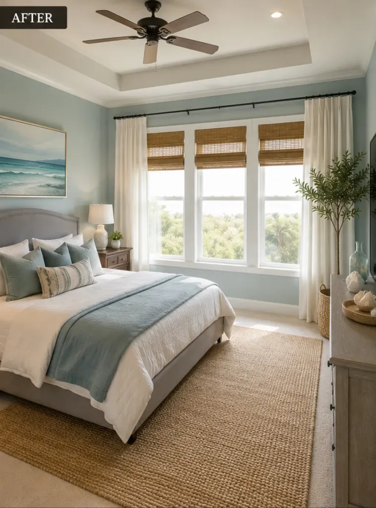 Bedroom after AI redesign in a coastal style