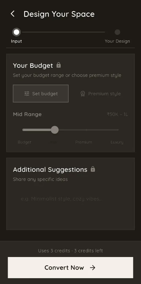 Budget range and additional suggestions screen