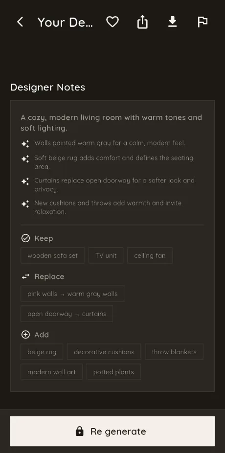 Designer notes listing what to keep, replace and add