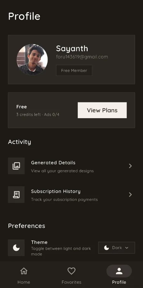 Dealviora profile screen with design history