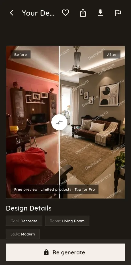 Before and after comparison of a living room decorated by AI