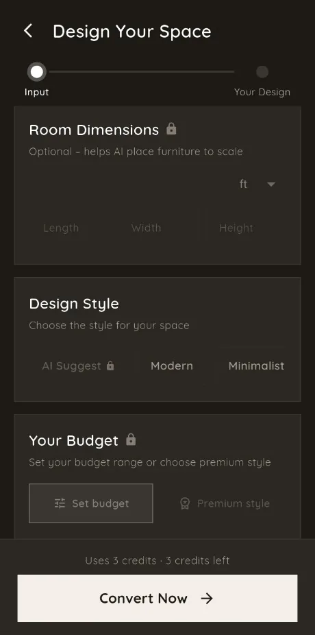 Design style and room dimensions screen